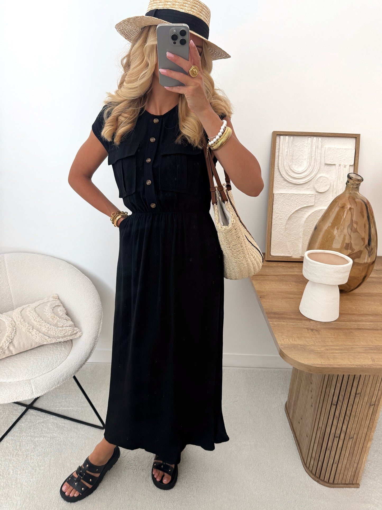 PALAMAS linen blend midi dress - black