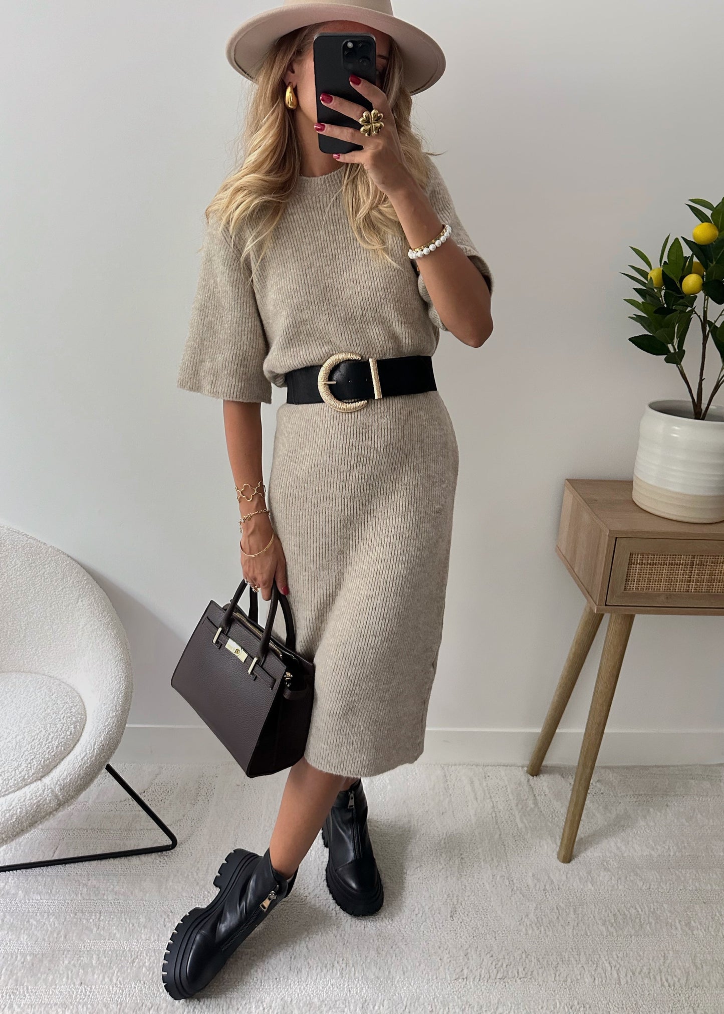 NIMERIA mocha wool midi dress