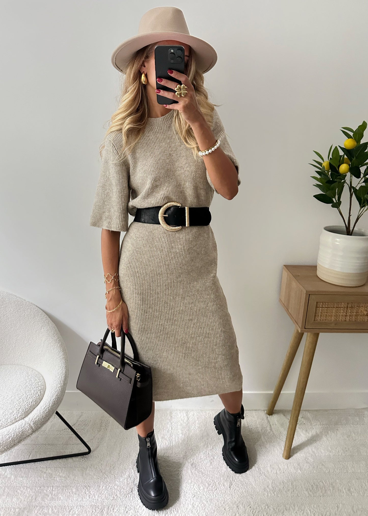 NIMERIA mocha wool midi dress