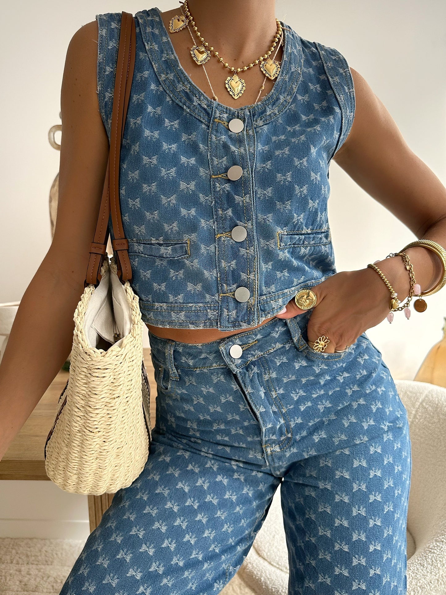 ANTA knot print denim top