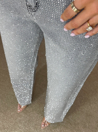 Straight denim jeans with rhinestones