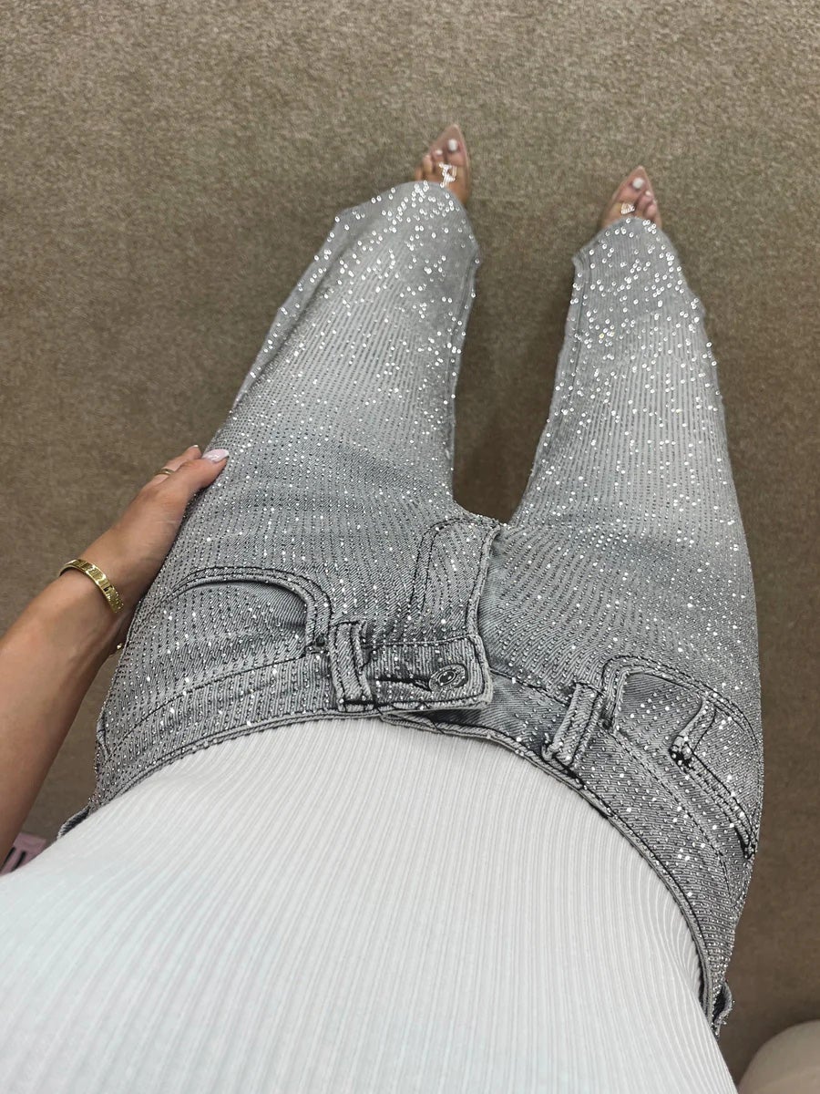Straight denim jeans with rhinestones