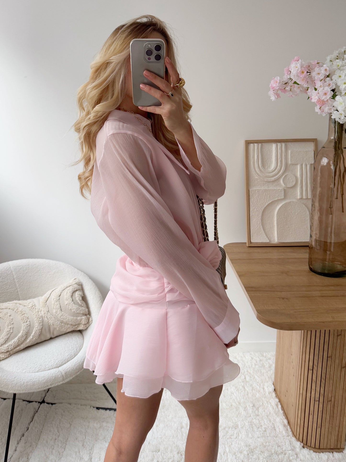 NADRIA powder pink ruffled short dress