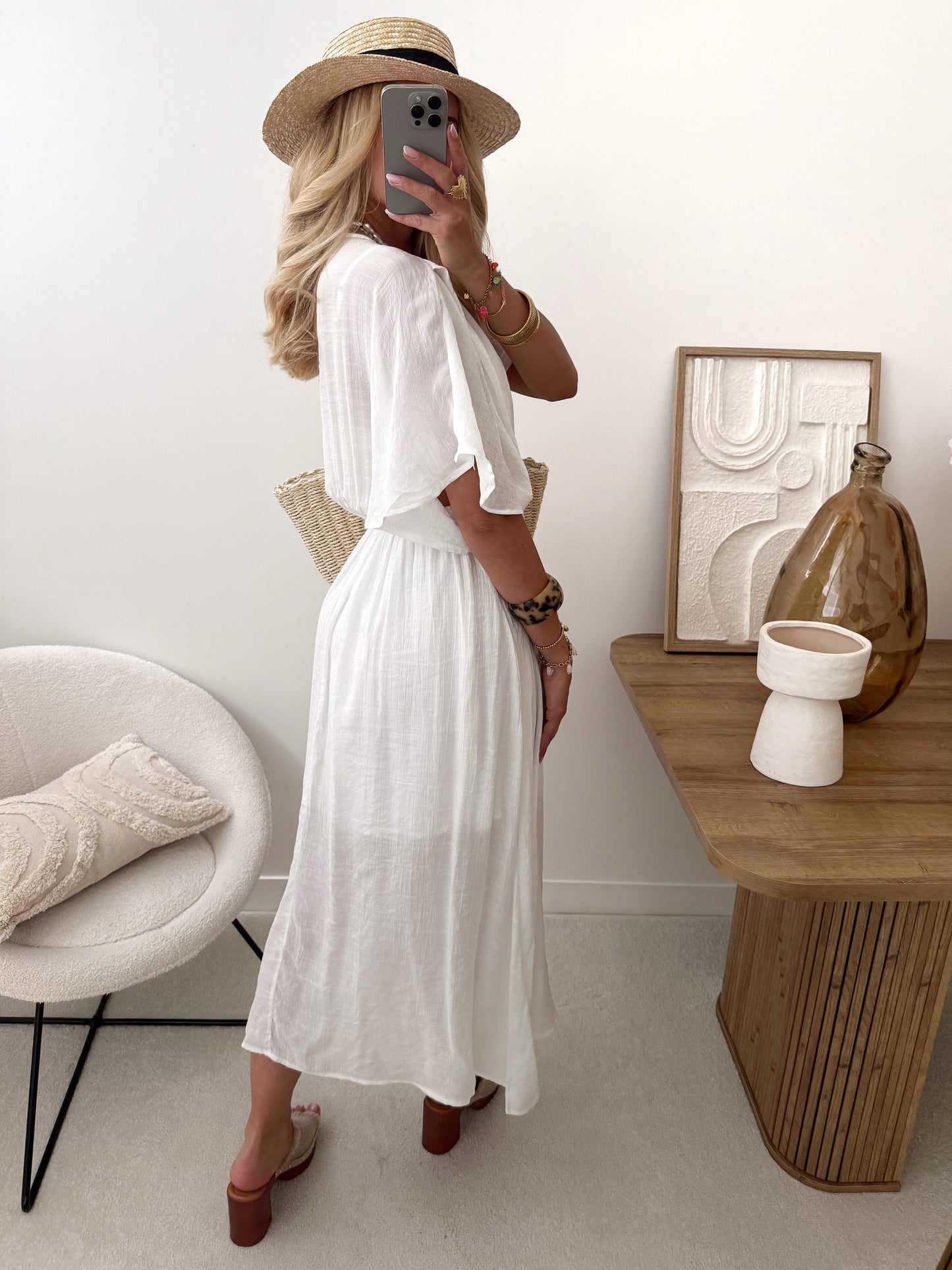 MIRA Plunging V-Neck Midi Dress - White