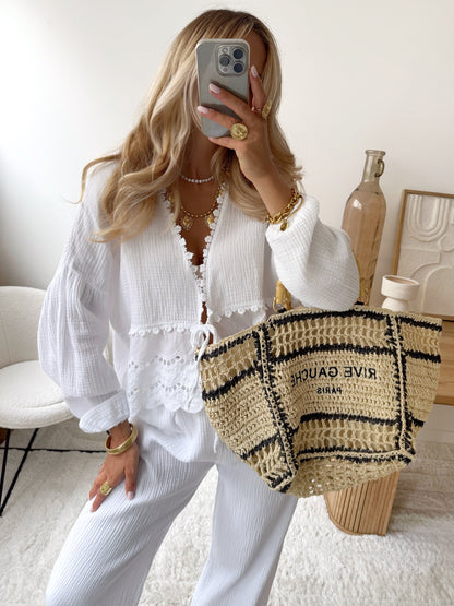 PARAS openwork embroidered cotton gauze top - white
