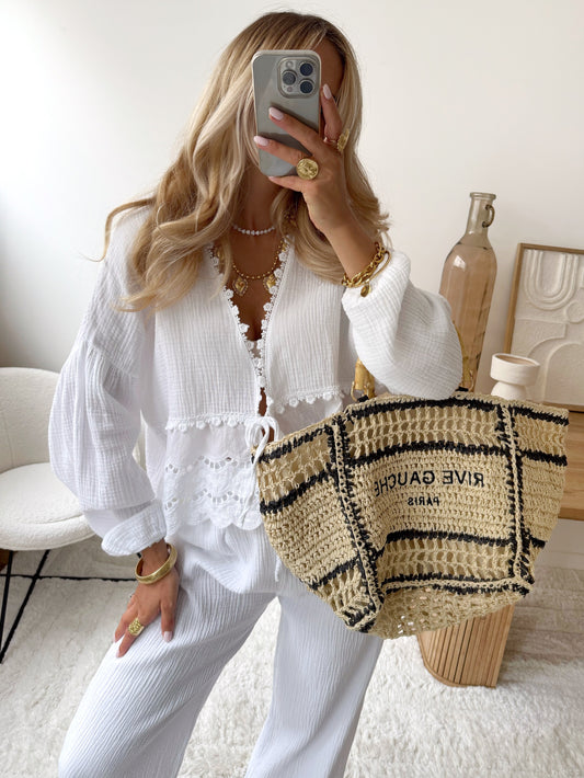 PARAS openwork embroidered cotton gauze top - white