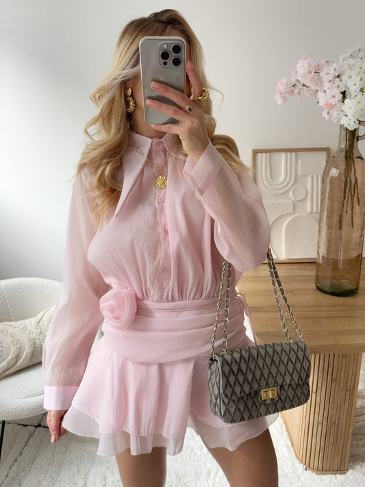 NADRIA powder pink ruffled short dress
