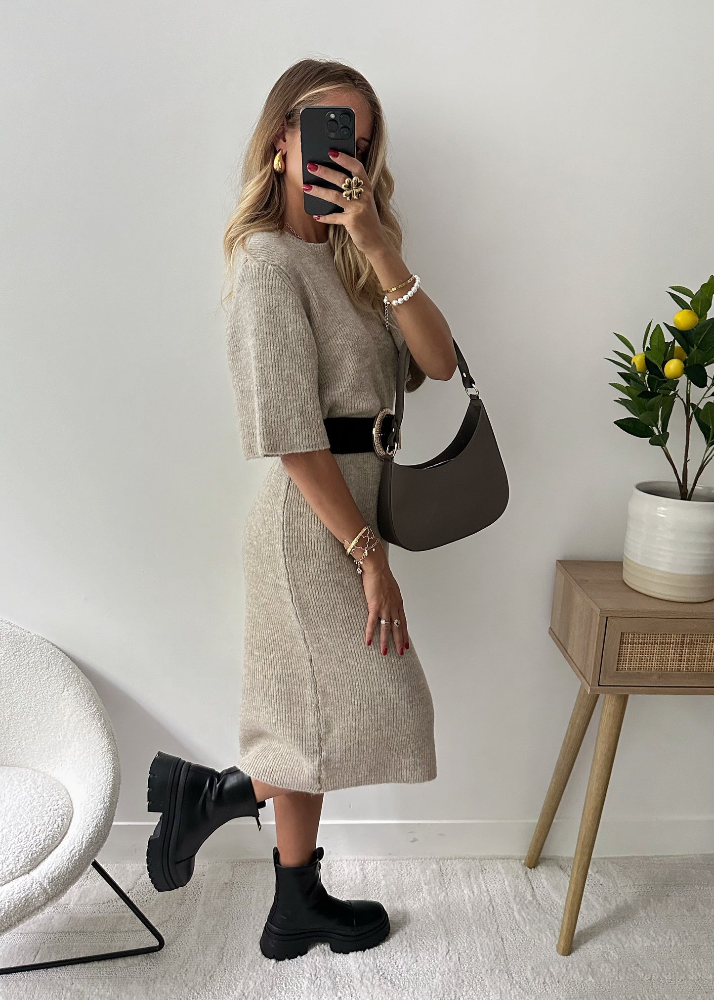 NIMERIA mocha wool midi dress