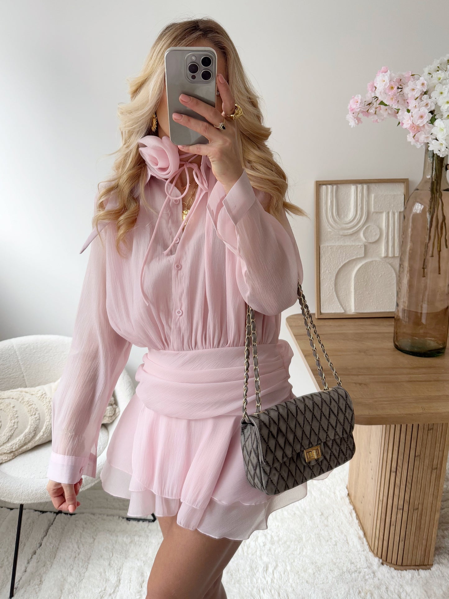 NADRIA powder pink ruffled short dress