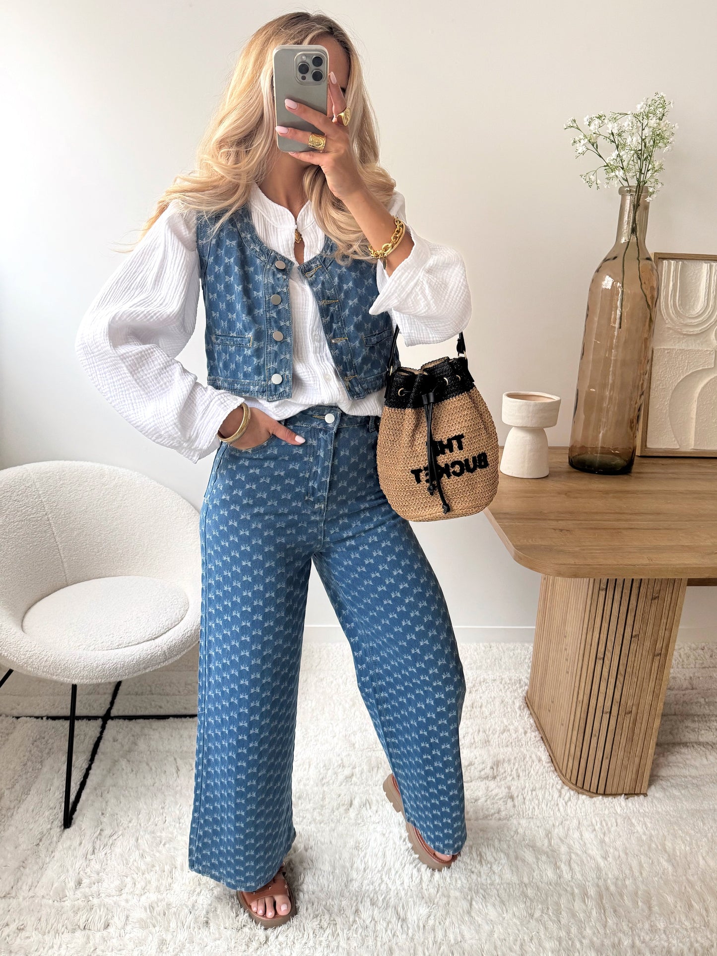 ANTA knot print denim top