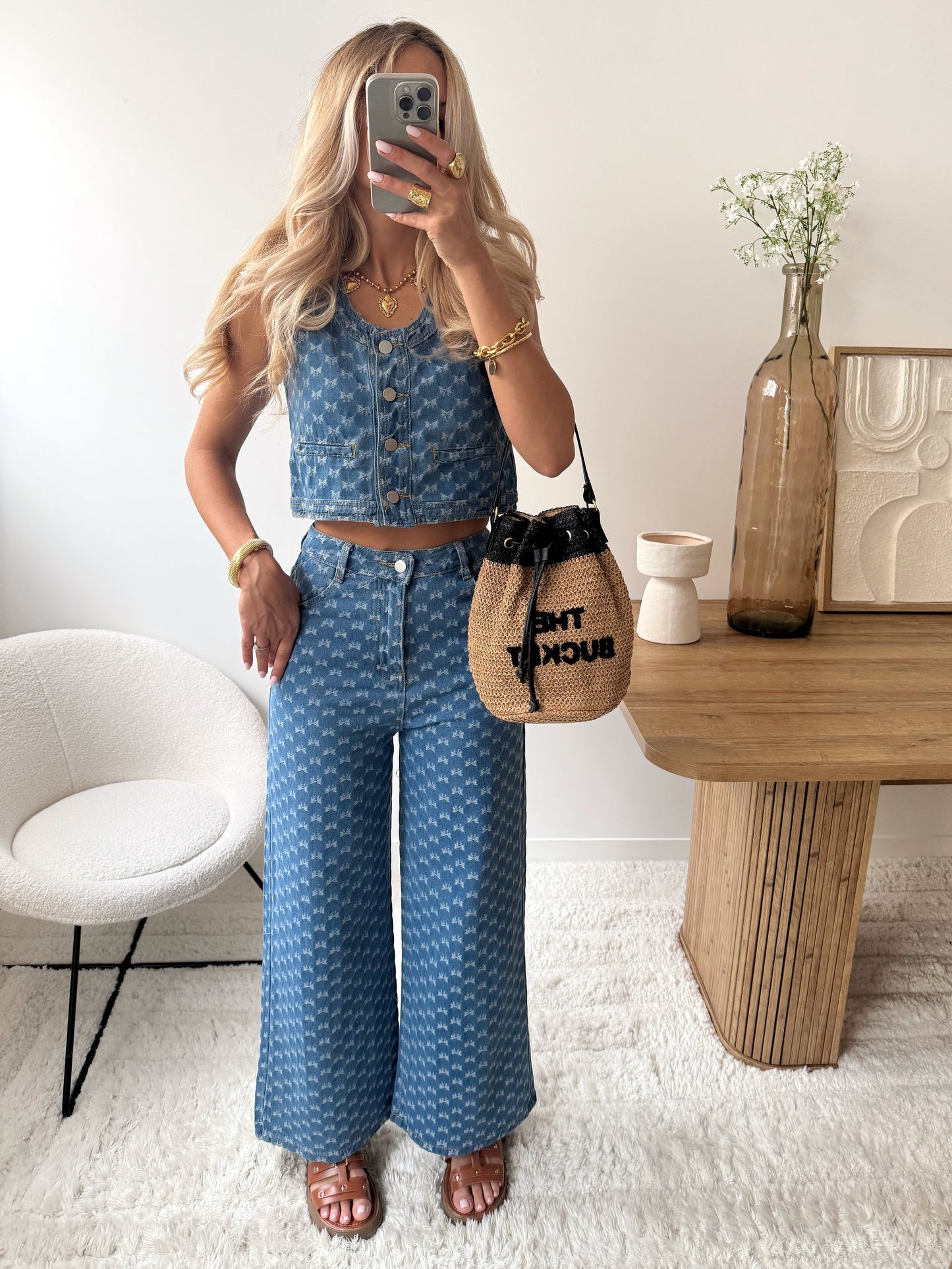 ANTA knot print denim top