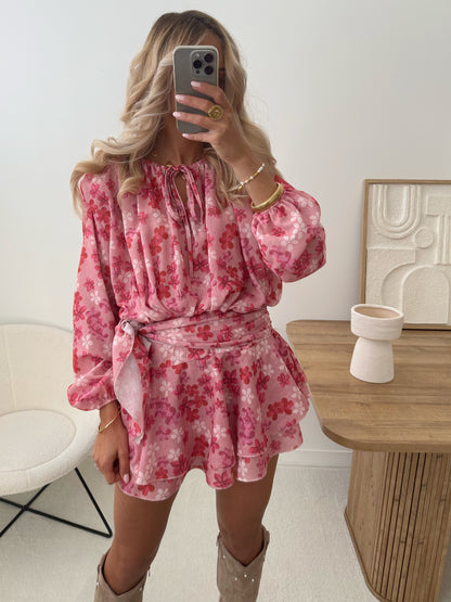 VALENTI Floral Print Ruffled Dress with Belt - Pink