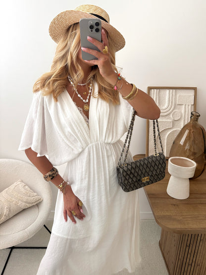 MIRA Plunging V-Neck Midi Dress - White