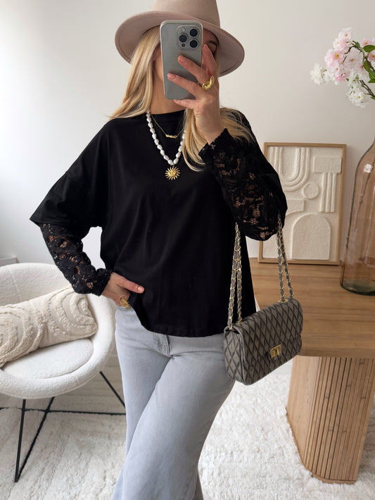JELEN Lace Sleeve T-Shirt - Black