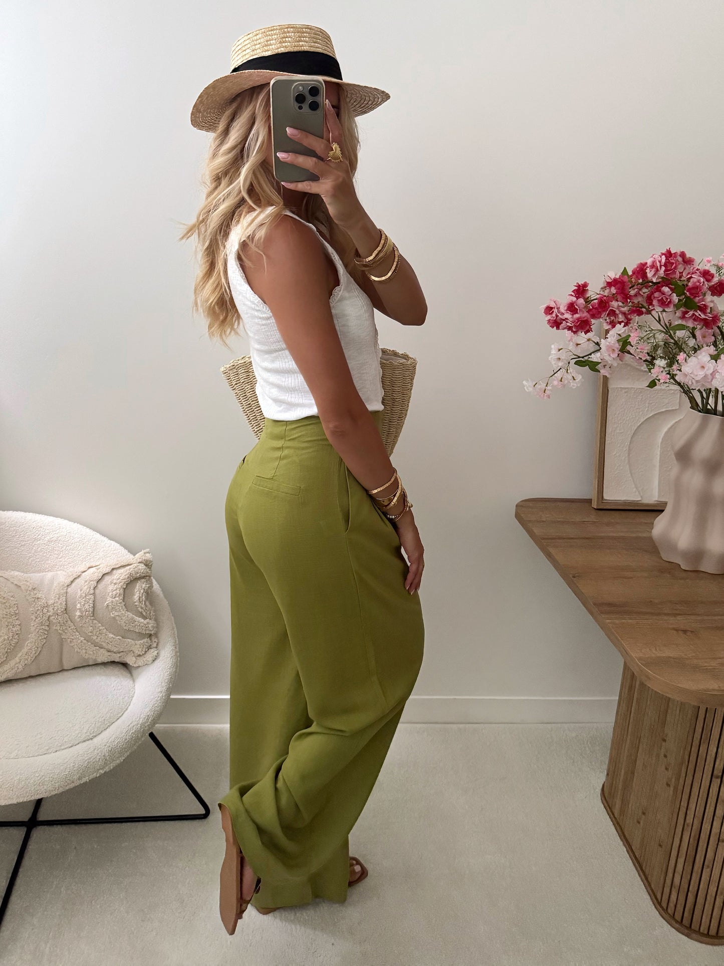 PARAVIA wide linen blend pants - olive green