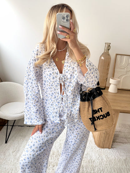 KAM floral print cotton gauze pants - blue