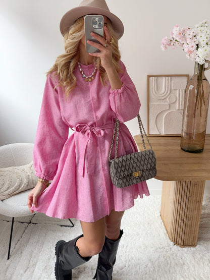 MANATI pink belted Mao collar dress